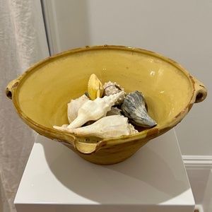 Antique French provincial confit terracotta bowl with yellow glaze